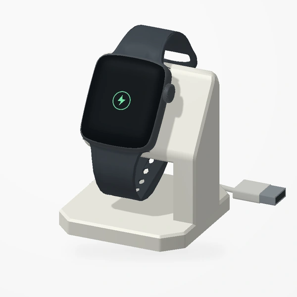 An Apple Watch resting on the off-white charging stand