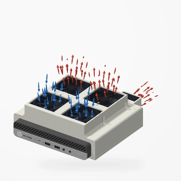 The five-fan EliteDesk 800 Mini fan mount with blue intake and red exhaust airflow