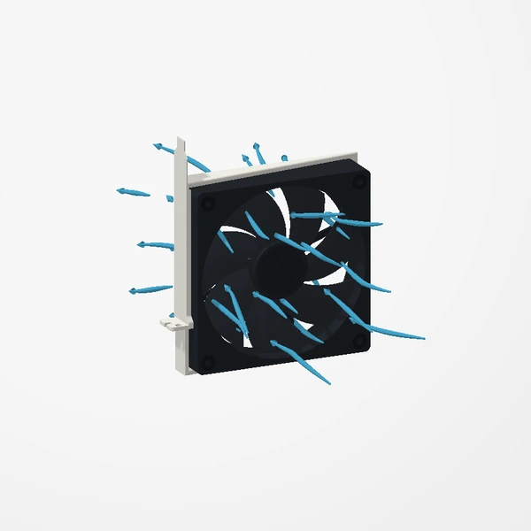 The off-white 120 mm PCIe fan mount with a black fan and illustrative airflow
