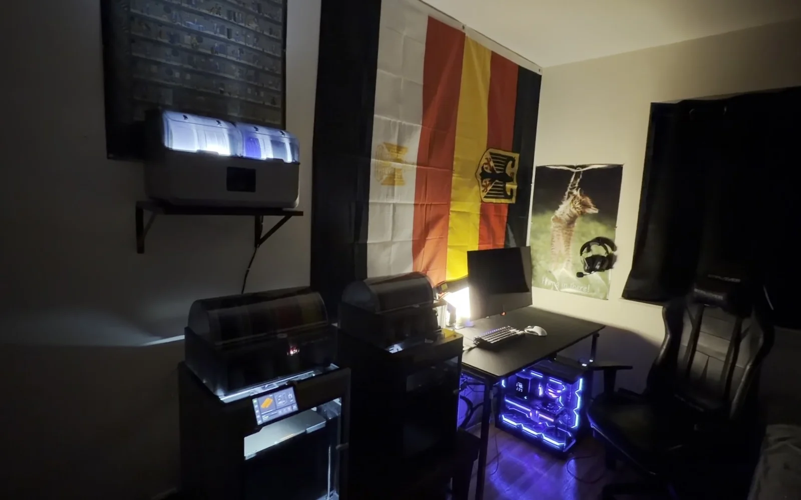 The Bankasi workshop, with 3D printers and a custom PC setup