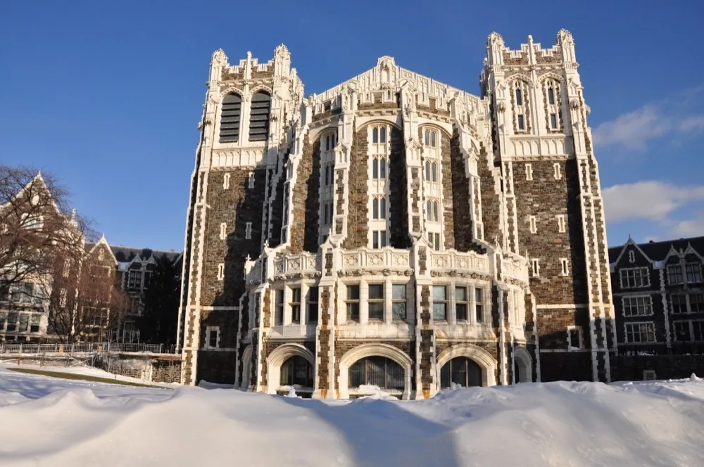 Shepard Hall at City College of New York, with its Gothic stone facade and snow-covered grounds