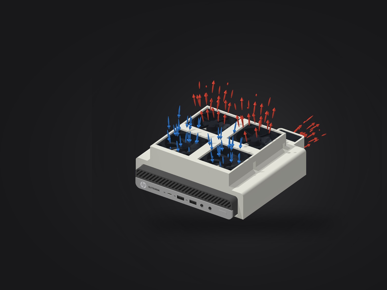 Rendered preview: the five-fan EliteDesk 800 Mini fan mount installed, with two front intakes in blue and two back exhausts and the rear fan in red
