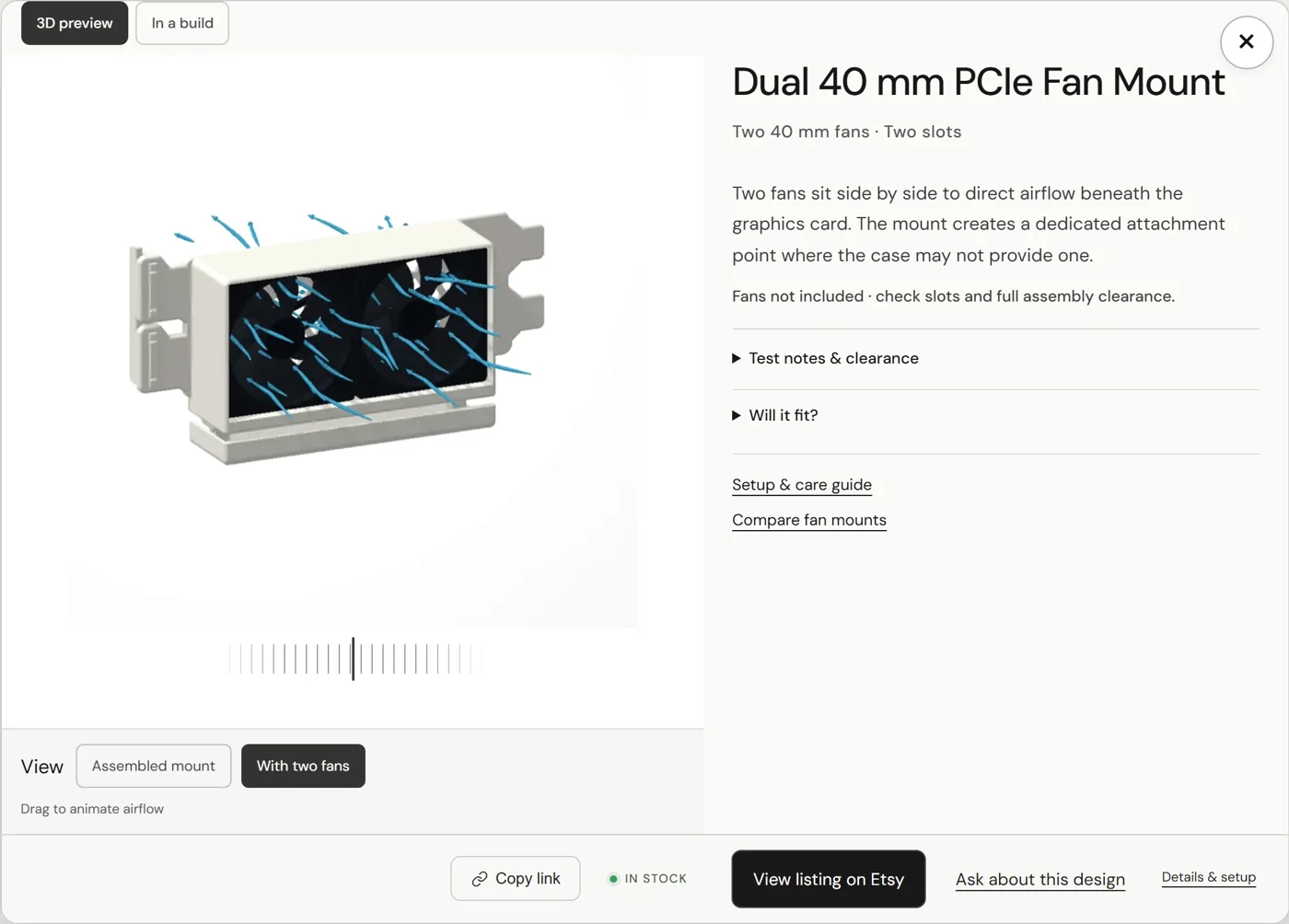 The [creations] preview of the dual 40 mm fan mount: the lined wheel under the model animates the selected view, and the View buttons switch between the assembled mount and the mount with two fans.